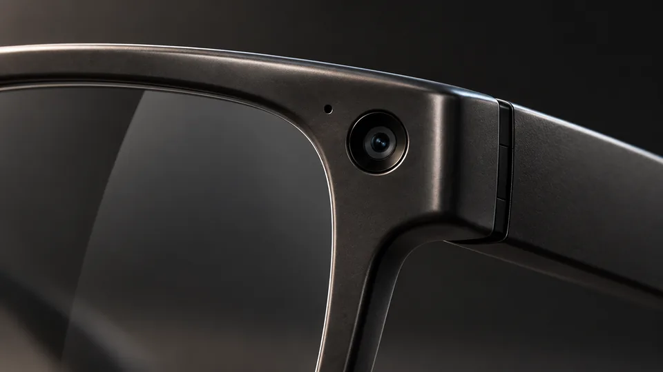 Macro view of the OLVR ONE graphite frame: a round camera aperture, small opening and clean hinge seam meet the softly beveled lens rim. Conceptual hardware detail.
