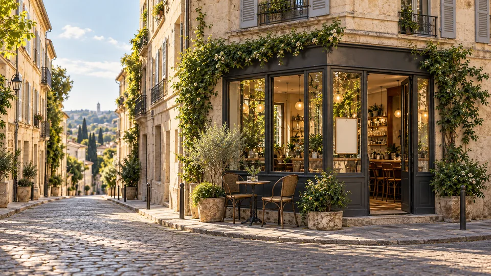 A quiet pedestrian street with a café entrance, outdoor tables and greenery just ahead.